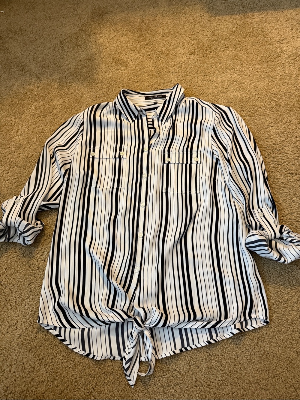Jones New York Black and White Vertical Stripe Tie-Front Shirt